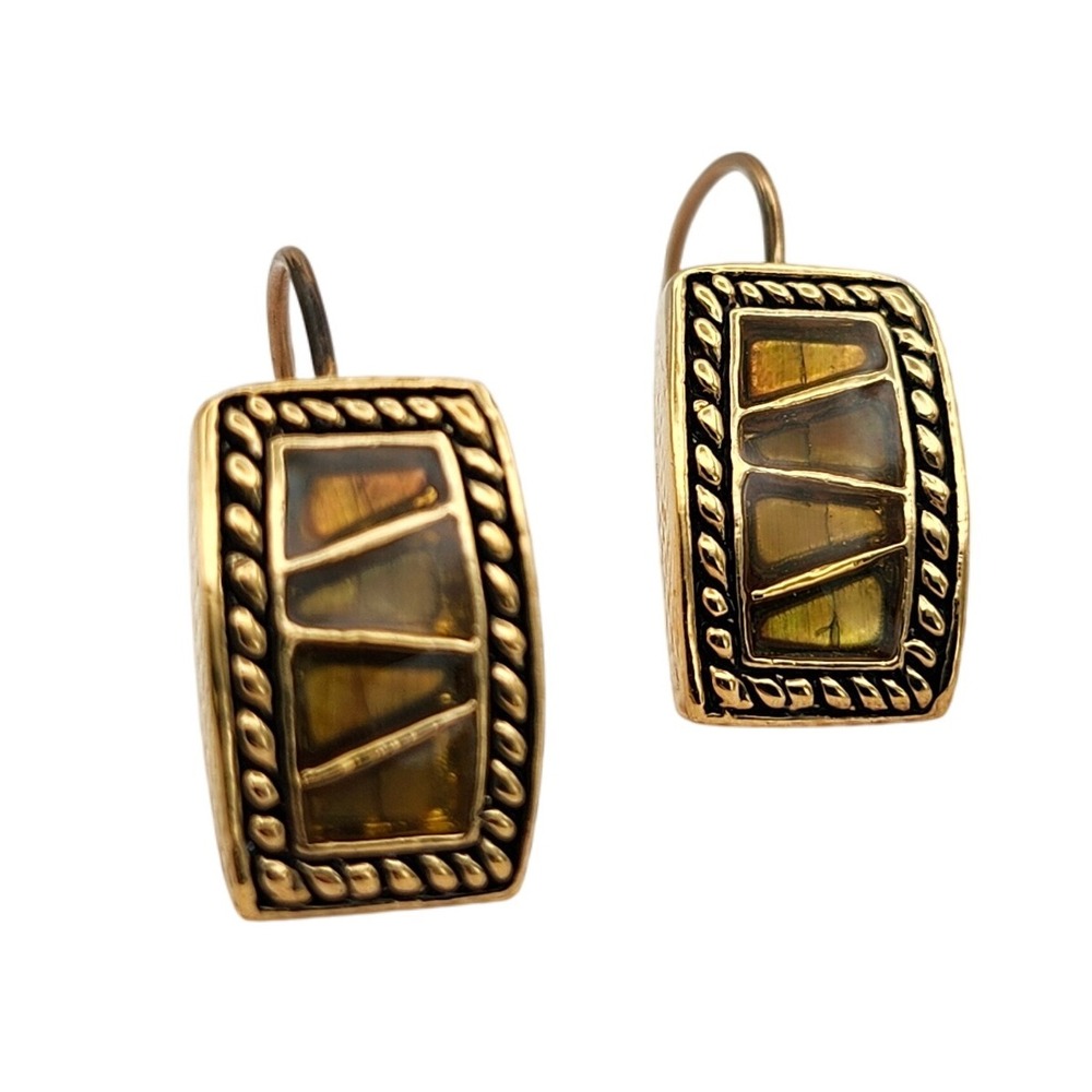 Monet Gold Tone‎ Earrings Yellow/Brown Mother of Pearl Inlay Dangle Drop Marked